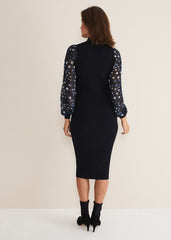 Elmina Woven Sleeve Star Knit Dress - Navy