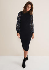 Elmina Woven Sleeve Star Knit Dress - Navy