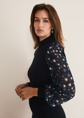 Elmina Woven Sleeve Star Knit Dress - Navy