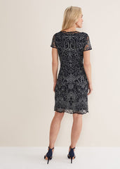 Esme Embroidered Dress - Navy/Ivory