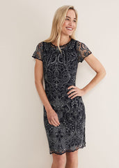 Esme Embroidered Dress - Navy/Ivory
