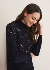 Helena Gold Stud Knit Dress - Midnight