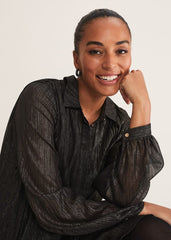 Tanya Foil Pleated Shirt Dress - Black/Pewter