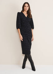 Addison Check Ruched Dress - Black/Blue