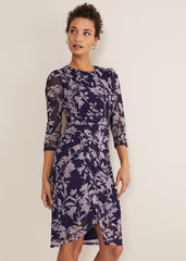 Purple Floral Mesh Midi Dress - Latte/Navy