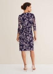 Purple Floral Mesh Midi Dress - Latte/Navy