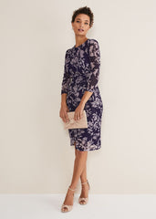 Purple Floral Mesh Midi Dress - Latte/Navy