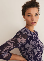 Purple Floral Mesh Midi Dress - Latte/Navy