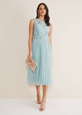 Light Blue Lace Bodice Midi Dress with Adjustable Belt - Peppermint