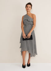 Kaz Checked One Shoulder Midi Dress - Black/White