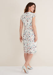 Ivory Floral Lace Dress with Pink & Navy Accents - Ivory/Multi