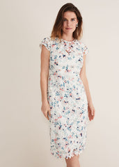 Ivory Floral Lace Dress with Pink & Navy Accents - Ivory/Multi