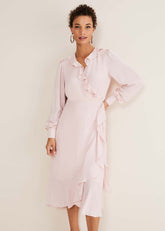 Chic Light Pink Ruffle Midi Dress with Tie Waist - Soft Rose