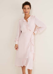Chic Light Pink Ruffle Midi Dress with Tie Waist - Soft Rose