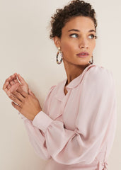 Chic Light Pink Ruffle Midi Dress with Tie Waist - Soft Rose