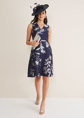 Cassy Jaquard Floral Midi Dress - Navy/Multi