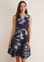 Cassy Jaquard Floral Midi Dress - Navy/Multi