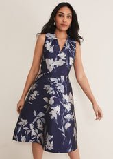 Petite Cassy Jaquard Floral Midi Dress - Navy/Multi