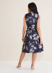 Petite Cassy Jaquard Floral Midi Dress - Navy/Multi