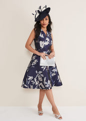 Petite Cassy Jaquard Floral Midi Dress - Navy/Multi