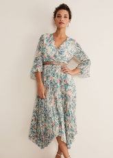 Floral Print Pleated Midi Wrap Dress with Belt - Multi-Coloured