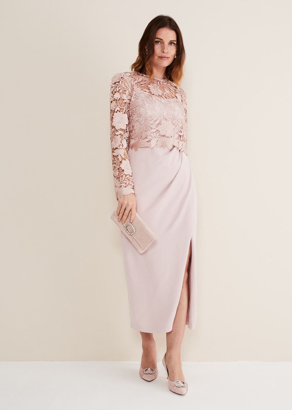 Light Pink Lace Bodice Midi Dress - Antique Rose