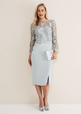 Light Blue Lace Overlay Pencil Dress - Eau De Nil