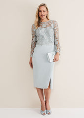 Light Blue Lace Overlay Pencil Dress - Eau De Nil