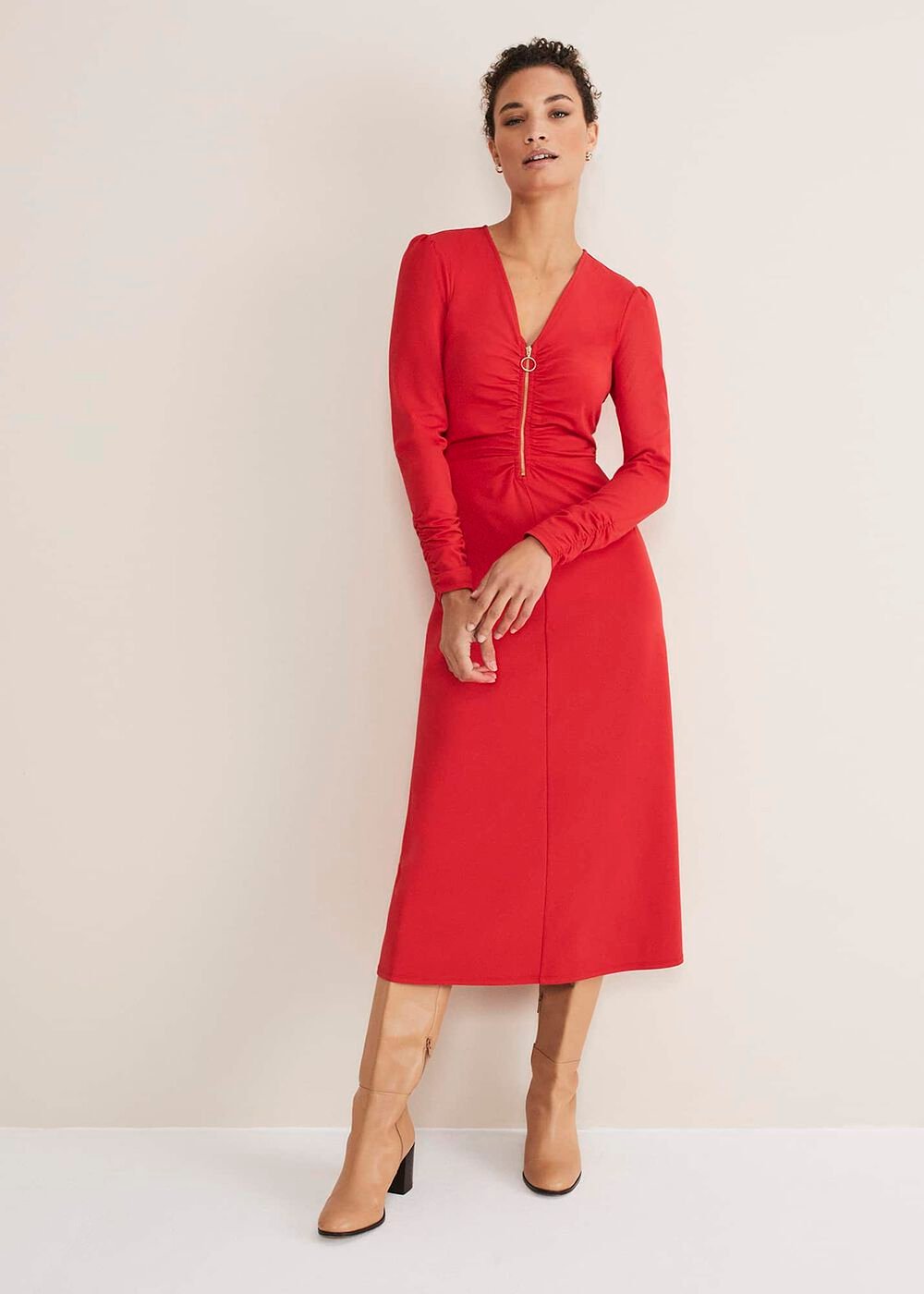 Irisa Zip Ruched Midi Dress - Red