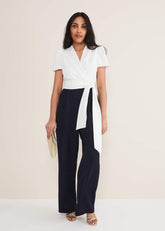 Petite Eloise Wide Leg Jumpsuit - Ivory/Navy