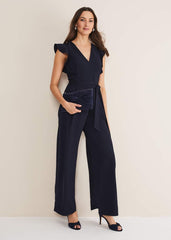 Kallie V Neck Frill Jumpsuit - Navy