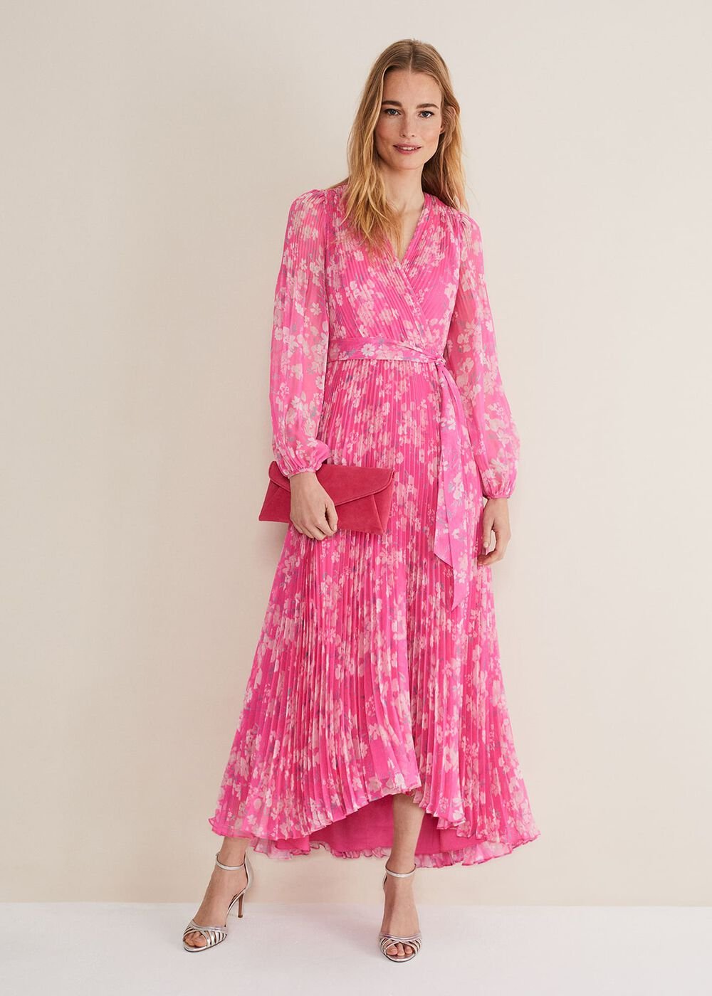 Neon Pink Floral Pleated Maxi Dress - Neon Pink