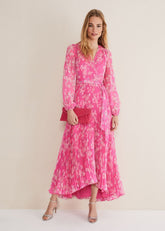 Neon Pink Floral Pleated Maxi Dress - Neon Pink