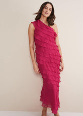 Kelsey Layered One Shoulder Maxi Dress - Fuschia