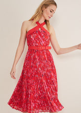 Zoya Pleat Midi Floral Dress - Red/Pink