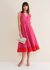 Raquel Belted Fit And Flare Dress - Fuchsia/Red