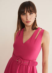 Raquel Belted Fit And Flare Dress - Fuchsia/Red
