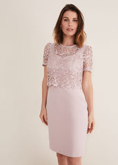 Pale Pink Midi Dress with Detachable Lace Overlay Top - Antique Rose