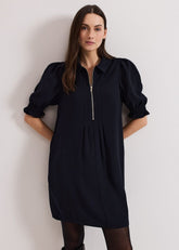 Navy Zip Mini Dress with Frill Sleeve Cuffs - Navy