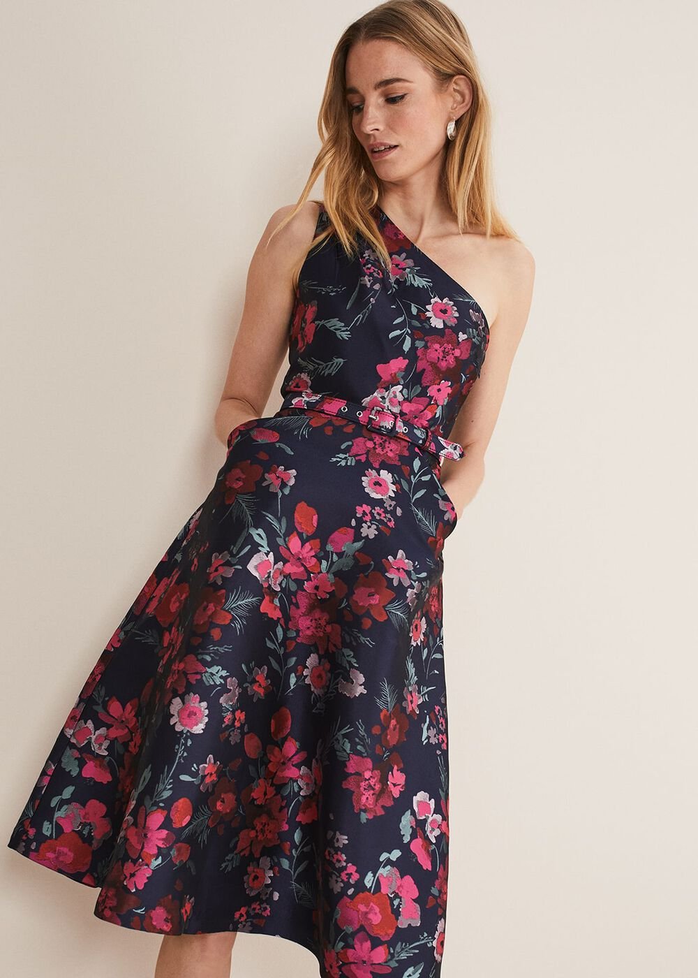 Tasha One Shoulder Jacquard Dress - Navy/Multi