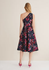 Tasha One Shoulder Jacquard Dress - Navy/Multi