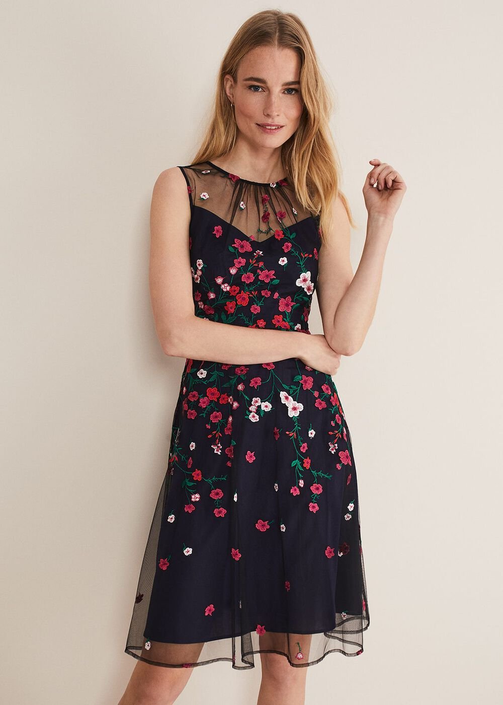 Sloane Mesh Ditsy Floral Dress - Navy/Multi