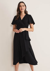 Black Asymmetric Wrap Dress - Black