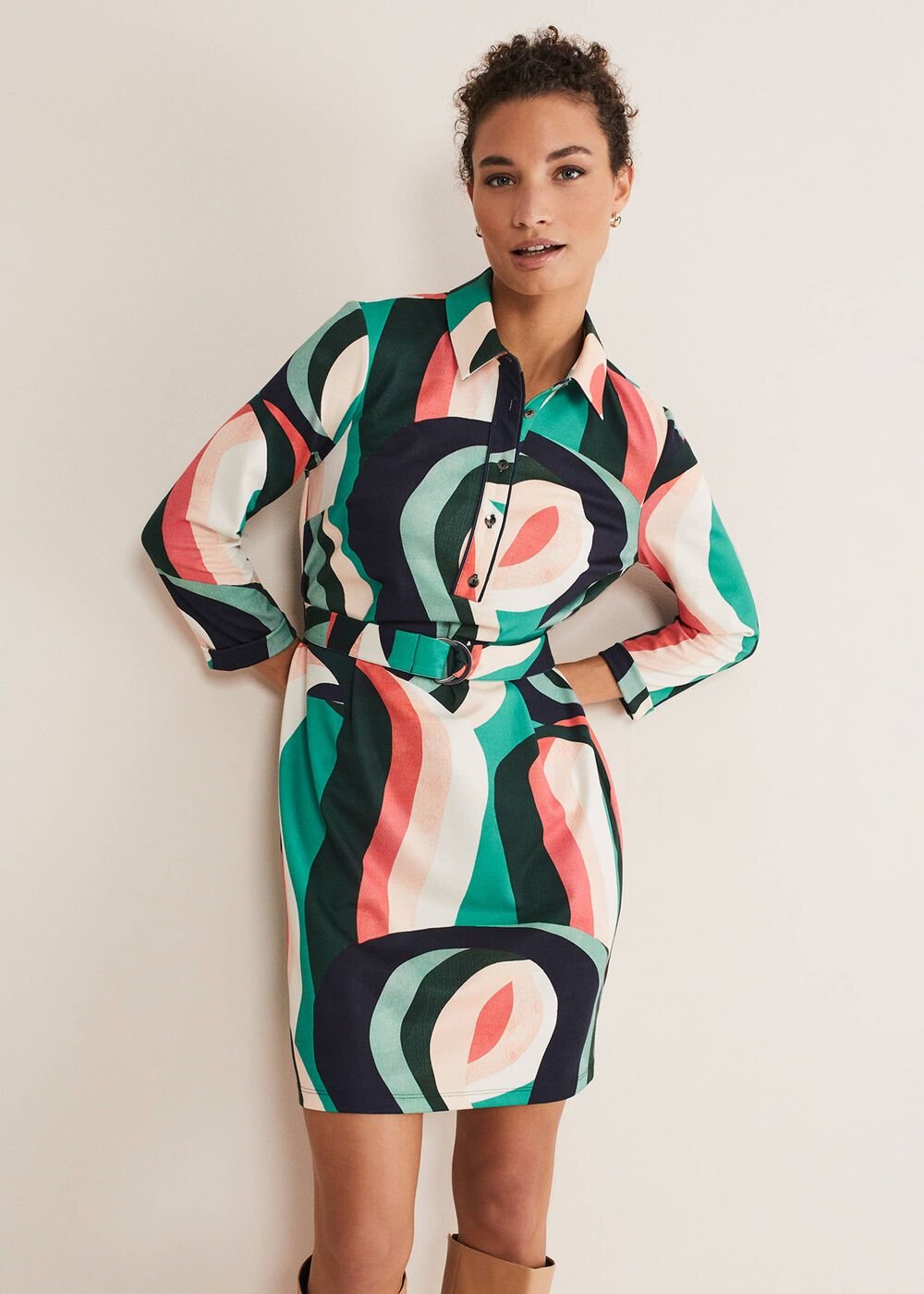 Beth Swirl Belted Shift Dress - Green/Multi