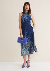 Navy Blue Halterneck Midi Dress with Splash Print - French Navy / Multi