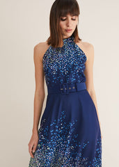 Navy Blue Halterneck Midi Dress with Splash Print - French Navy / Multi