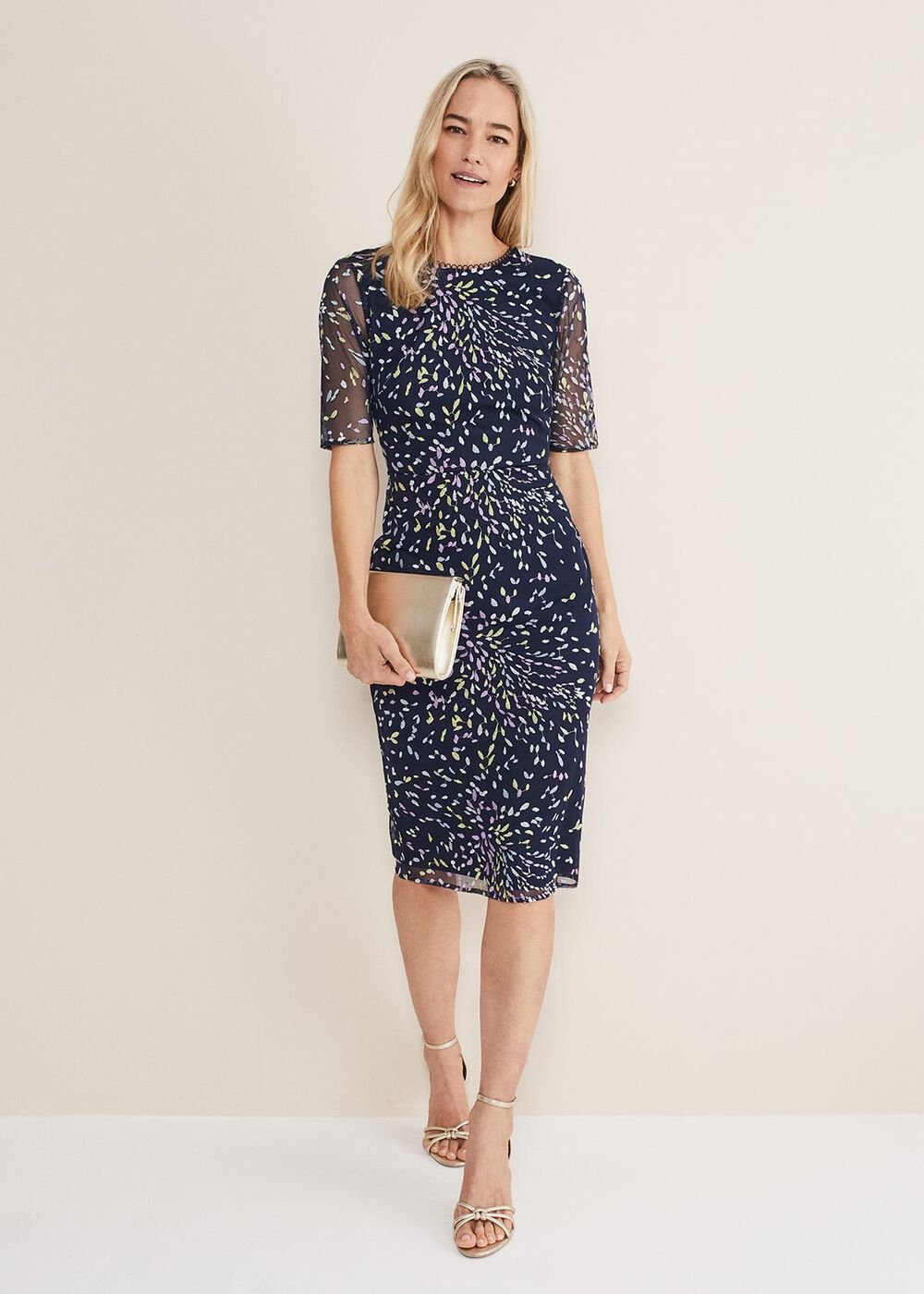 Navy Bodycon Midi Dress with Ditzy Print Embellishment - Navy/Multi