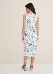 Kaya Linen Floral Bodycon Midi Dress - White/Blue