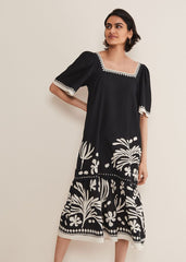 Claria Linen Midi Dress - Black/Ivory