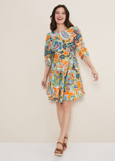Azalia Paisley Linen Swing Dress - Orange/Multi